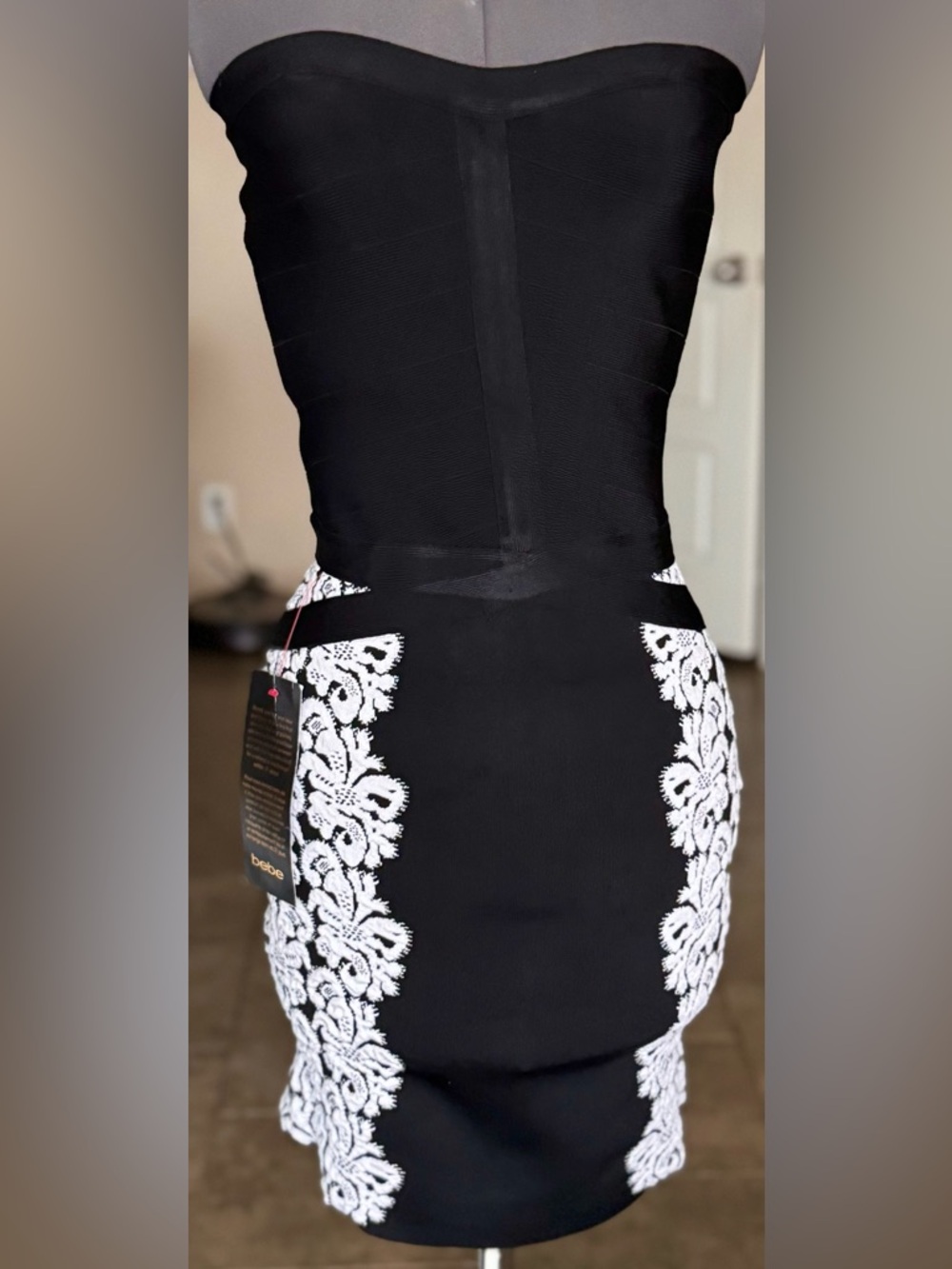 Vintage NWT Bebe Black White Bandage Mini Dress Strapless S